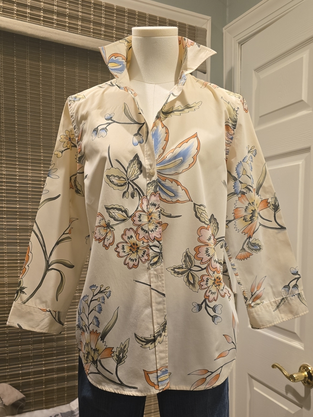 Ralph Lauren Cream Floral Button-Down Shirt with Blue and Orange Accents